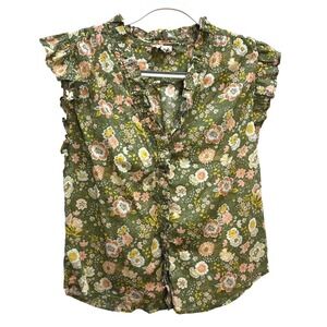 Elan Floral Ruffle Trim Sleeveless Top Blouse Size S Green Pink White